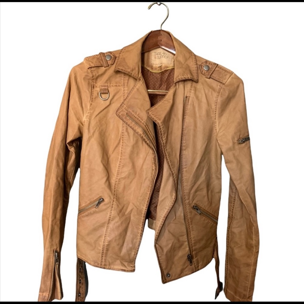 Thread & Supply Distressed Camel Vegan Leather Jacket sz Small
